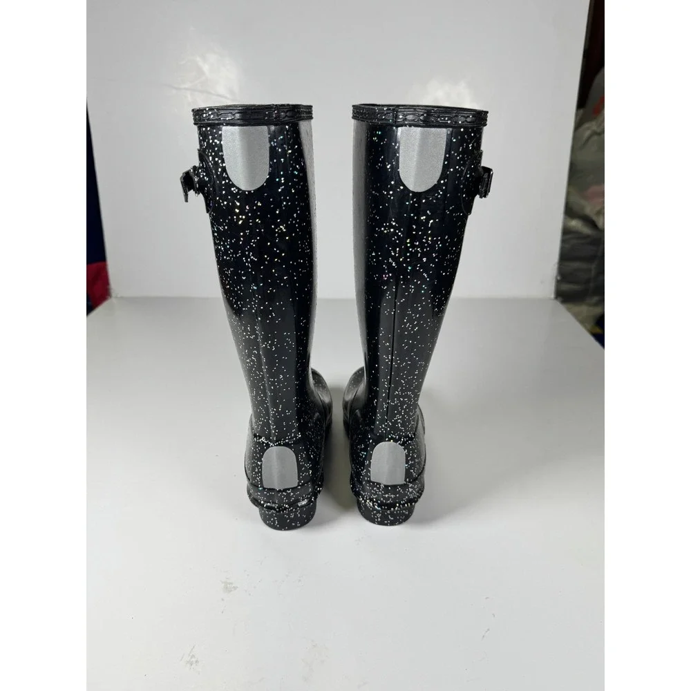 Hunter Girls US 4B Black Giant Glitter Round Toe Pull On Mid Calf Rain Boots